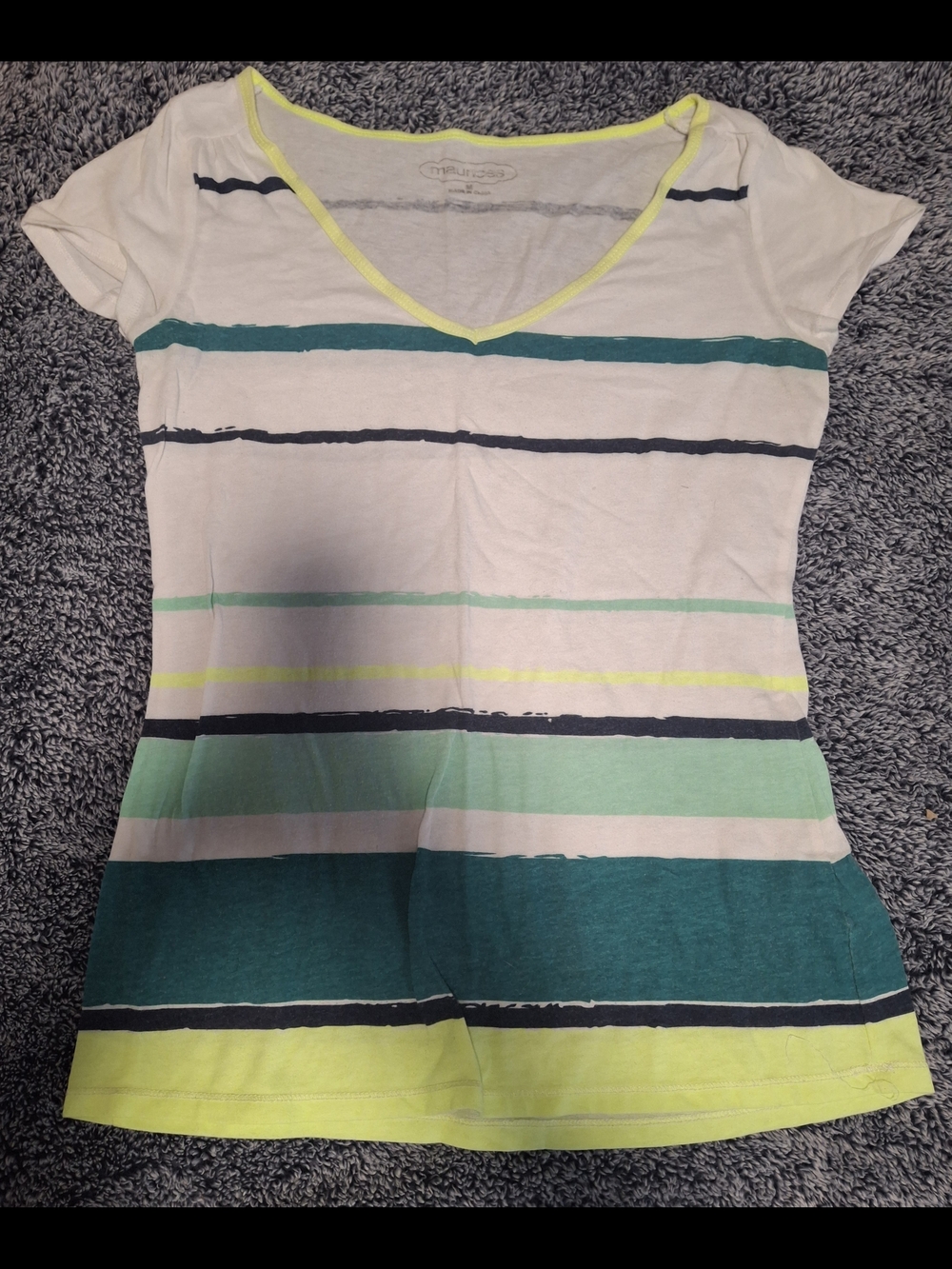 Maurices Striped V-Neck Tee in White, Teal & Neon Yellow